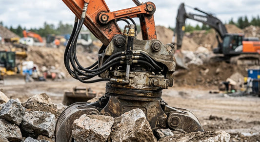 Close-up shot of an excavator's grab bucket scooping up huge rocks and concrete at a construction site.