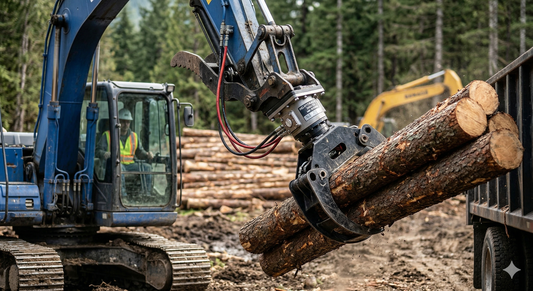 A heavy-duty tracked excavator equipped with a hydraulic rotator and log grabber attachment lifting a bundle of freshly cut logs in a forestry operation.
