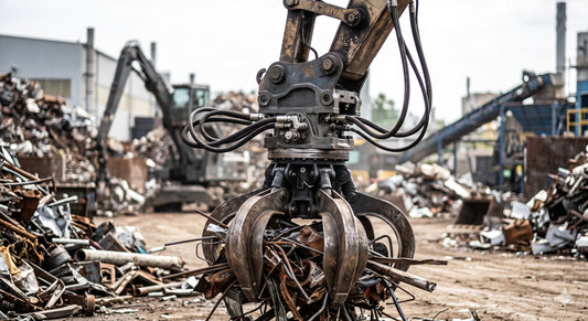 Close-up of an orange peel grapple full of scrap metal in a busy recycling yard.