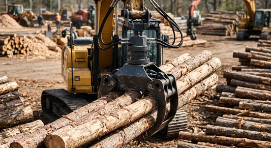 A yellow tracked excavator holding a bundle of wood logs with its grapple in a logging yard.