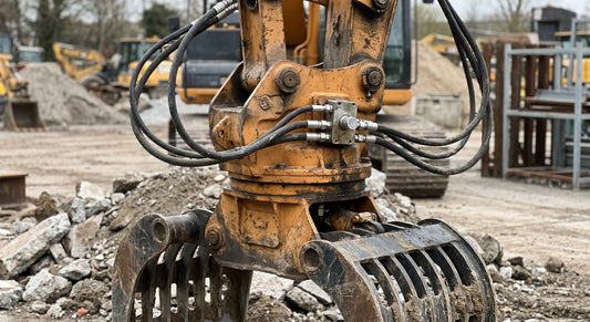 Close-up of a yellow hydraulic rotator and grapple attachment on an excavator at a construction site.