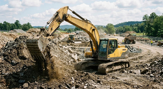 An excavator operating with a Xincan hydraulic rotator.