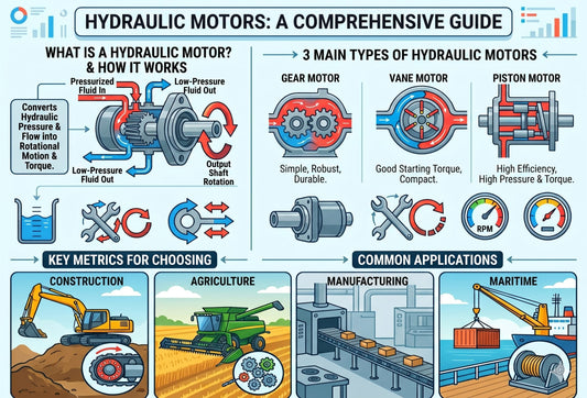 Infographic explaining hydraulic motors: mechanism, gear, vane, and piston types, key metrics, and applications.