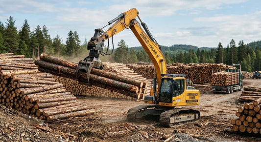 An excavator operating with a Xincan hydraulic rotator.