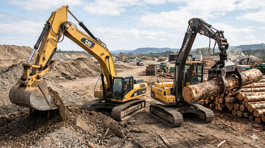 A rugged industrial site featuring a CAT excavator and Volvo log loader, highlighting the heavy-duty hydraulic motors and high-torque drives powering the digging cycle and grapple rotation.