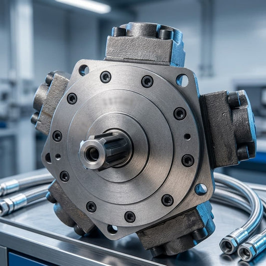 Close-up of an industrial radial piston hydraulic motor.