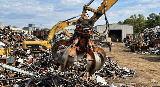 Orange excavator grapple moving over scrap metal.