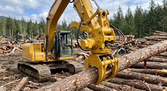 Close-up of a hydraulic motor powering an excavator's log grapple to lift heavy timber.