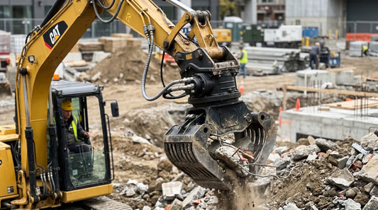 Showcasing a yellow CAT excavator in action on a construction site, featuring precise control via a hydraulic rotator.