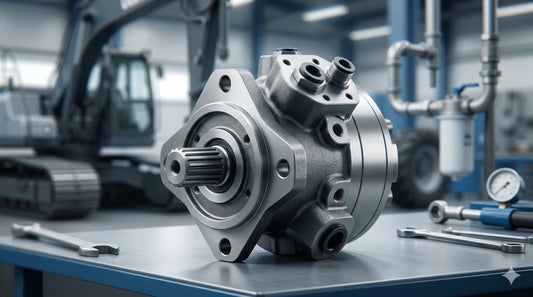 Close-up of a heavy-duty metallic hydraulic motor with a splined shaft in a workshop setting.