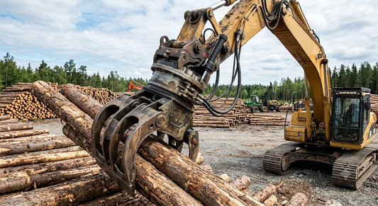 A yellow excavator equipped with a log grabber is handling logs at a lumberyard.