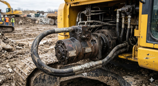 Close-up of a hydraulic motor connected to the track of a construction excavator, featuring black hydraulic hoses.