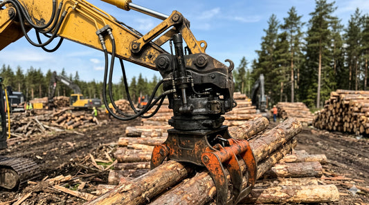 A heavy-duty 360-degree hydraulic rotator attached to an excavator log grapple.