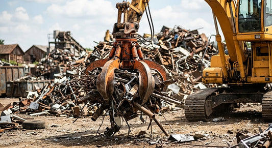 An industrial orange grapple claw lifting heavy metal scrap debris.