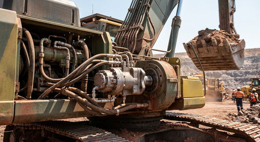 The hydraulic motor on the excavator's slewing drive unit.