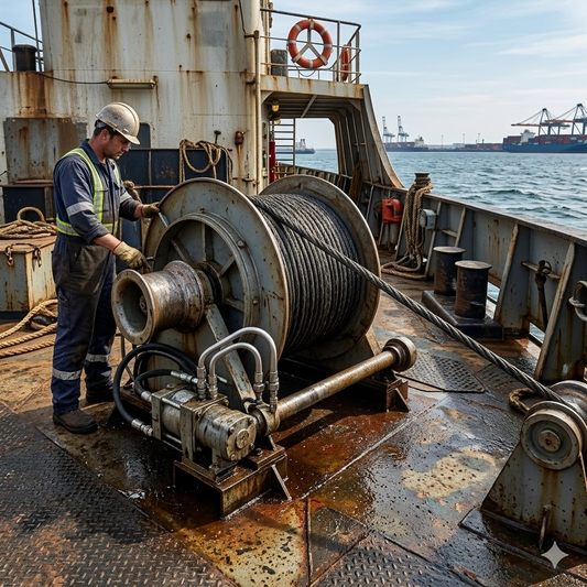 A marine hydraulic winch is in operation—a dynamic scene on deck, winding a towline or mooring cable. Heavy-duty marine hydraulic winch operation.