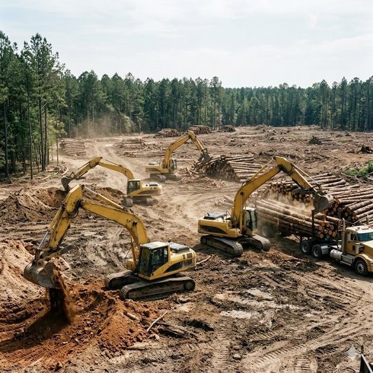 Five excavators are currently digging at the construction site, powered by hydraulic motors.