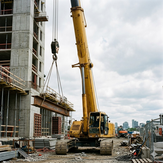 The crane is operating using a hydraulic motor.