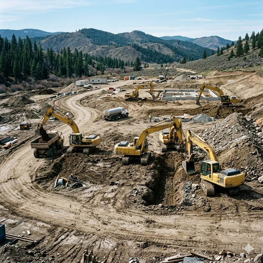 Five excavators are currently digging at the construction site, powered by hydraulic motors.