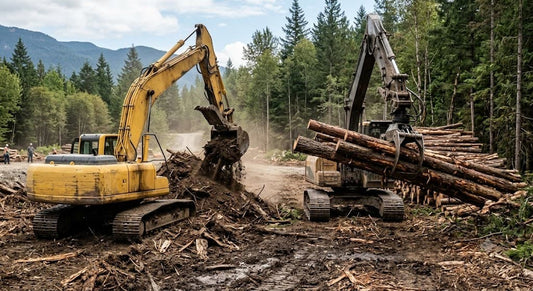 A heavy-duty logging machine uses a massive hydraulic motor (the grey cylindrical component) to power the large orange log grapple, lifting and sorting a huge log from a pile.